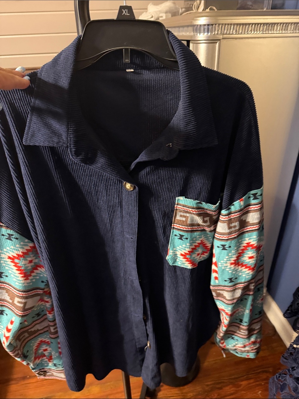 Navy Button-Up Shirt with Turquoise Aztec Sleeves